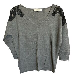 LOFT Gray V-Neck Sweater with Black Lace Accents- Size M